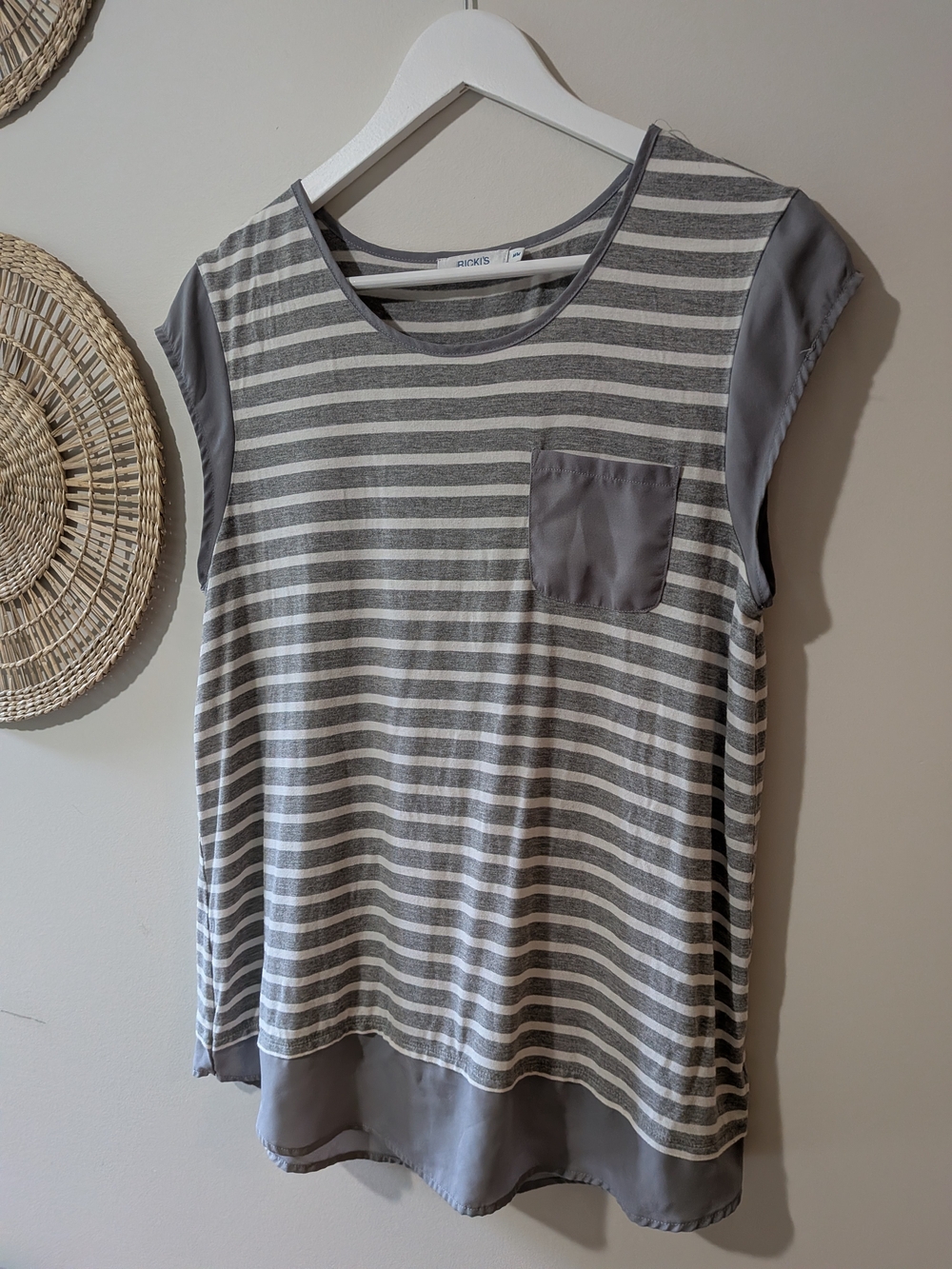 Ricki's Gray and White Striped Cap-Sleeve Tank with Satin Pocket